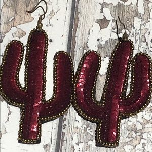 Burgundy Sequin Cactus Earrings
